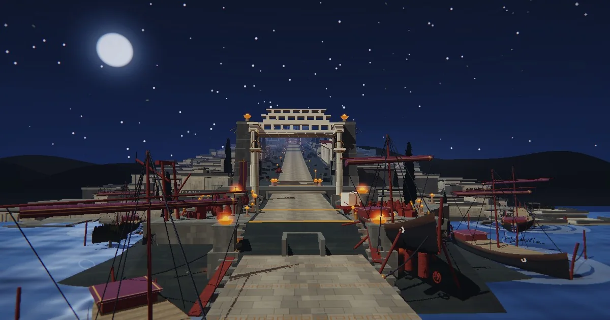 The coded Odessis hill city rising from its harbour at night.